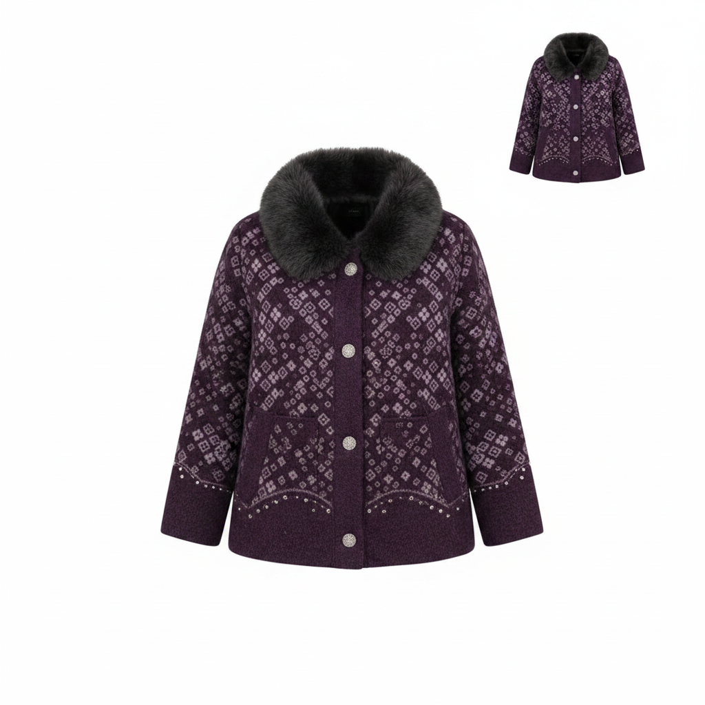 Women's Fur Collar Quilted Jacket - Purple