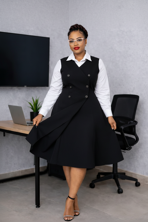 Black double-breasted pinafore dress over white shirt styled in office setting