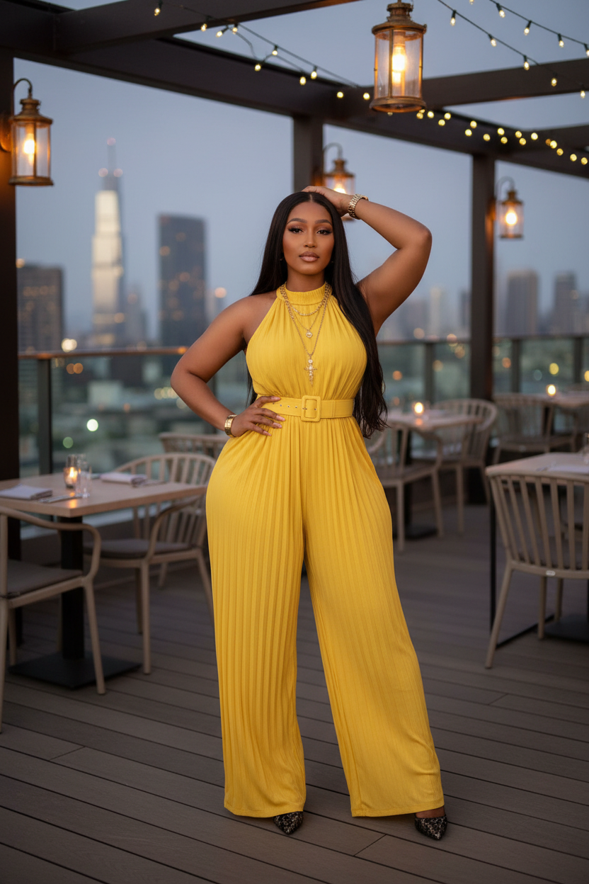 Yellow halter jumpsuit styled with black pointed heels and gold necklaces on rooftop