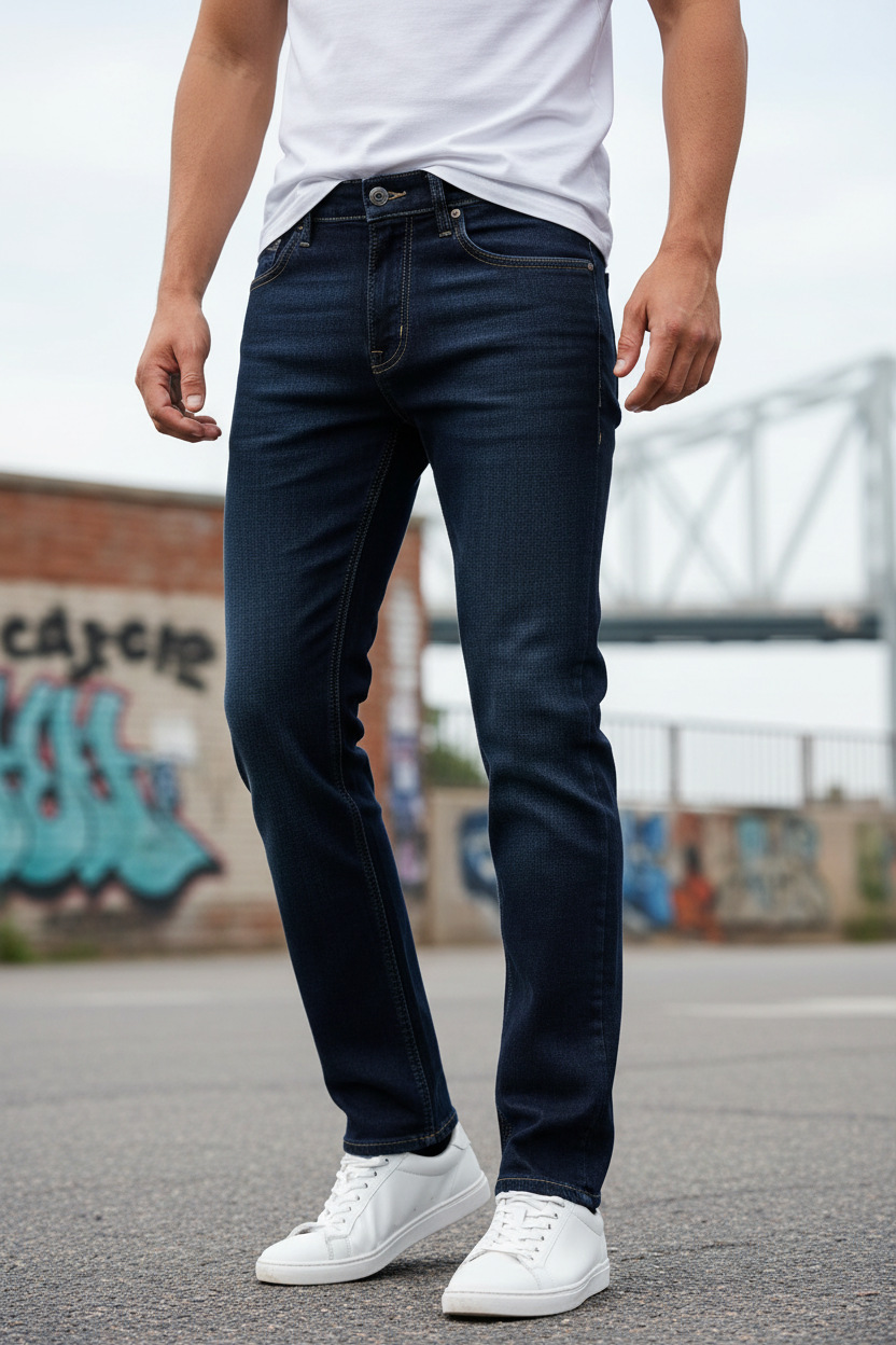 Men's dark wash jeans lifestyle editorial shot