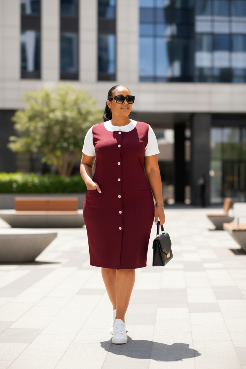 Burgundy Pinafore Midi Dress & White Tee Set - City