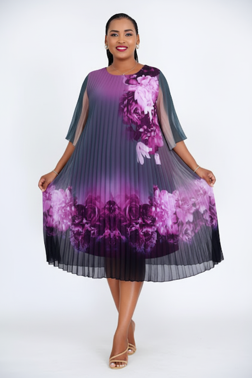 Purple floral pleated midi dress with sheer flutter sleeves