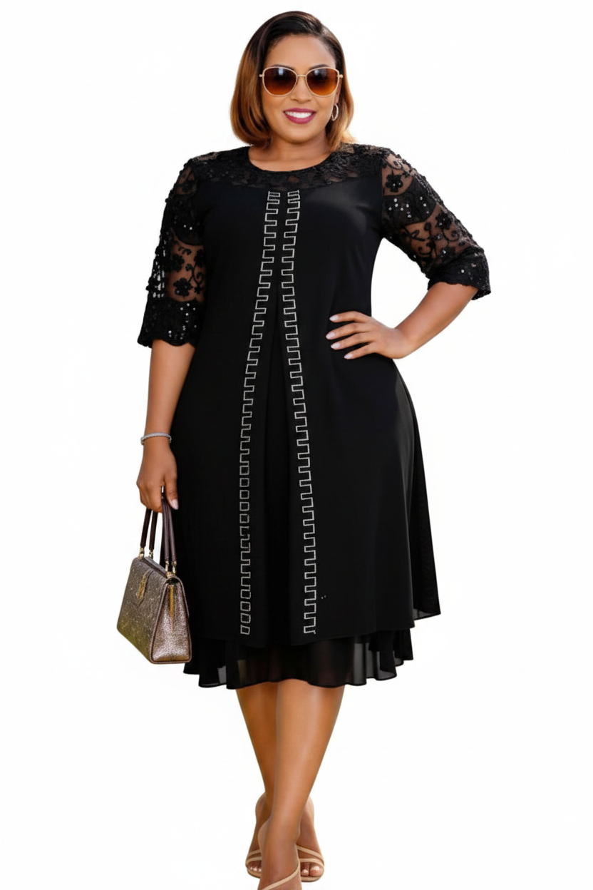 Black Lace Sleeve Sequin Trim Midi Dress - Studio