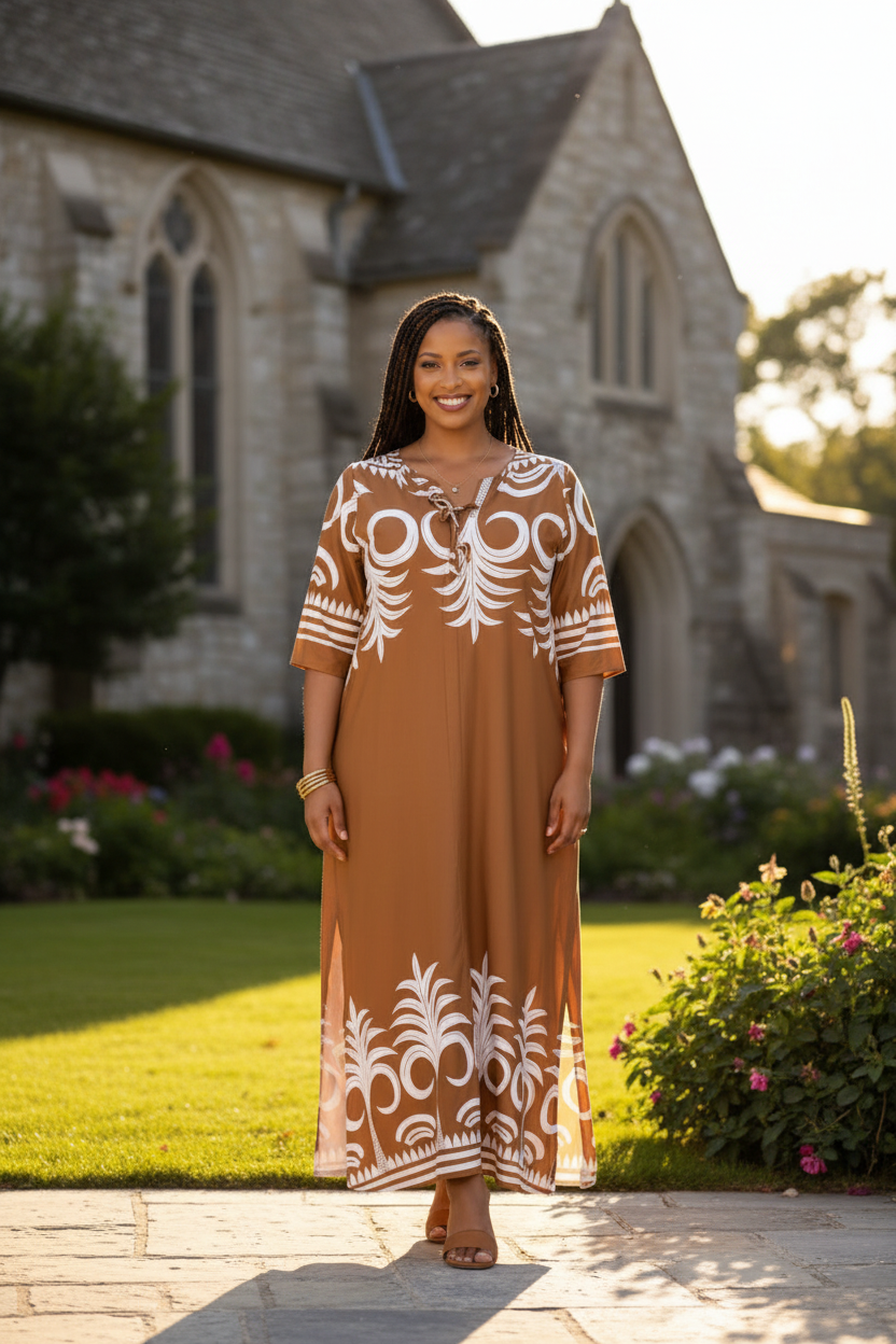 Caramel tribal palm print maxi dress styled with tan heels in garden setting