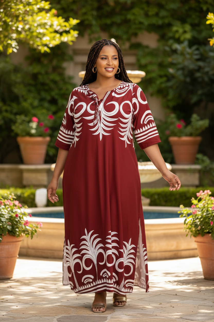 Burgundy tribal palm print maxi dress styled with gold sandals in outdoor courtyard