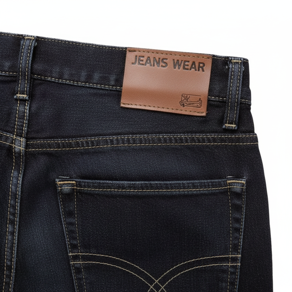 Close-up of dark denim fabric, leather patch and contrast stitching