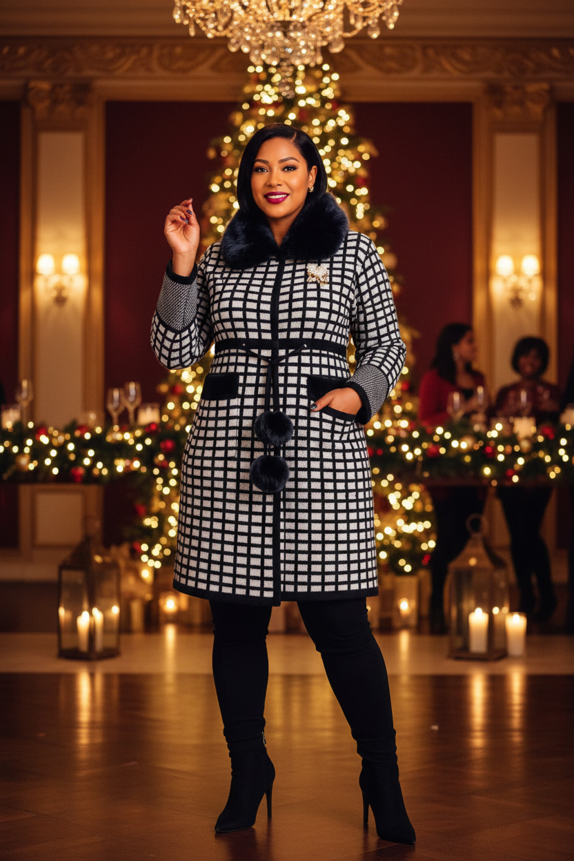 Plaid faux fur collar coat styled for holiday party with bold red lip and stiletto boots