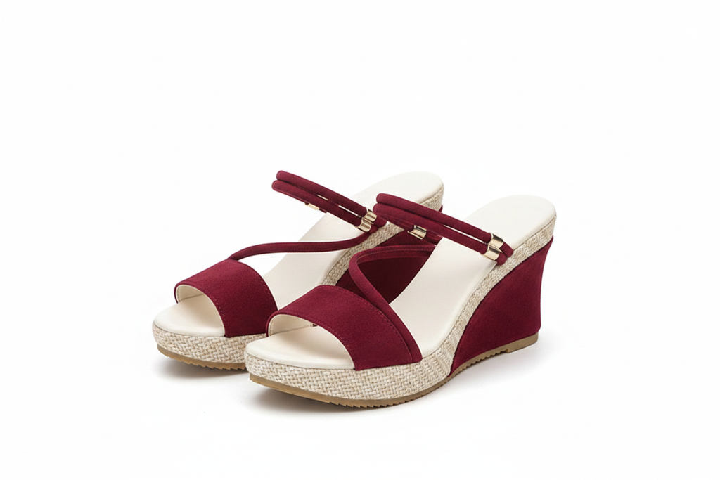Burgundy Criss-Cross Wedge Sandals - AI Generated