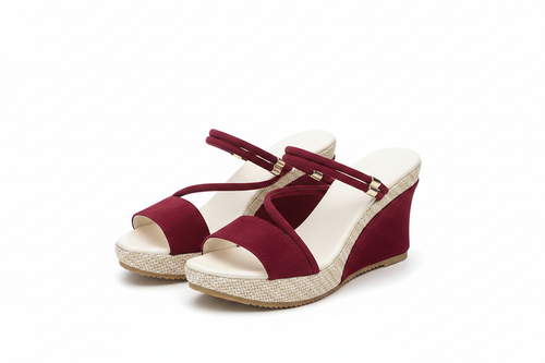Burgundy Criss-Cross Wedge Sandals - AI Generated