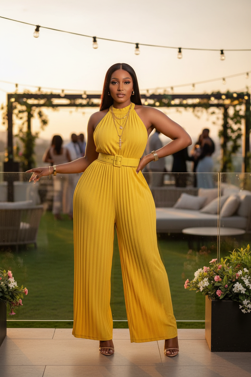 Yellow halter jumpsuit styled with nude heels and gold hoops at garden party