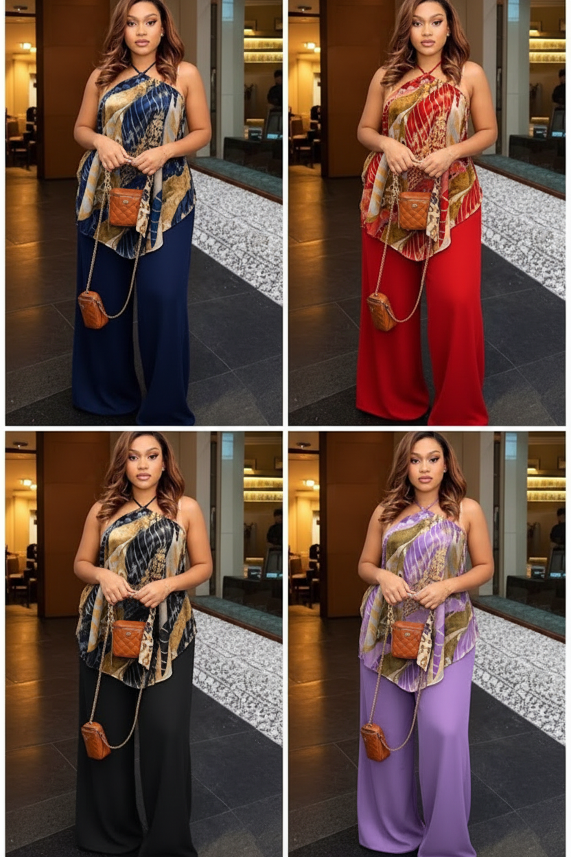 Women's Printed Halter Top & Wide-Leg Pants Set - AI Generated Lookbook