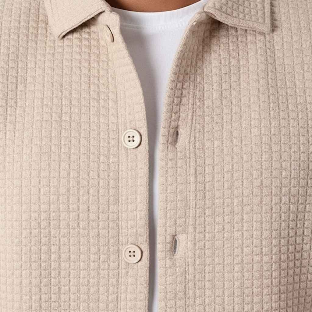 Close-up of beige waffle knit fabric texture