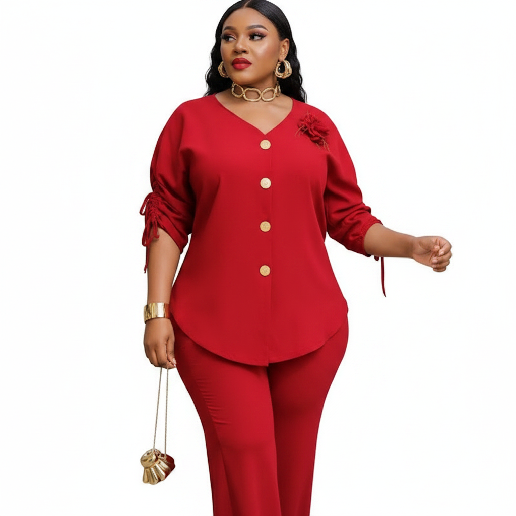 Women's Plus Size 2-Piece Tunic & Pants Set - Red