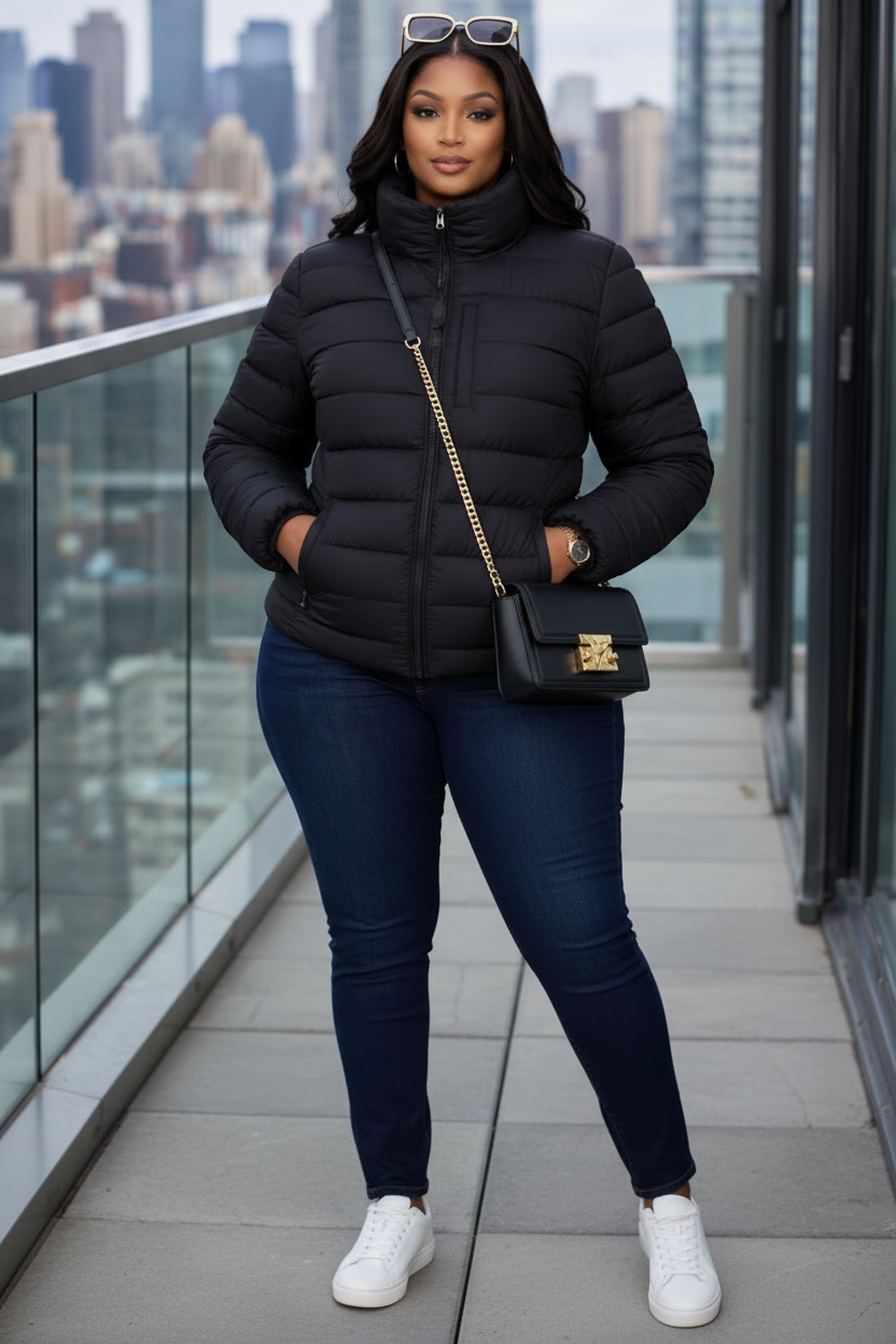 Black puffer jacket styled with white sneakers and crossbody bag in travel setting