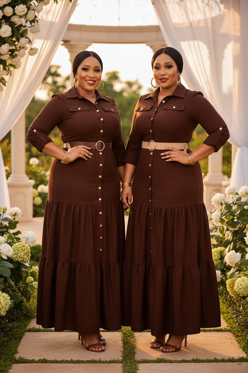 Chocolate brown tiered maxi dress styled with gold circle belt and brown heels at garden wedding venue