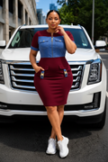 Denim Panel Zip-Front Bodycon Dress in Burgundy