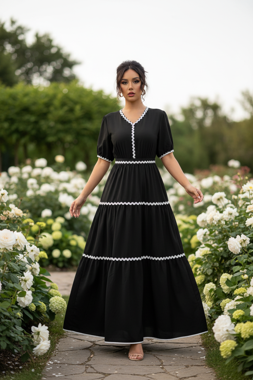 Black Ric Rac Trim Tiered Maxi Dress