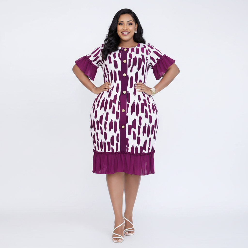 Women's Plus Size Abstract Print Ruffle Dress - Purple