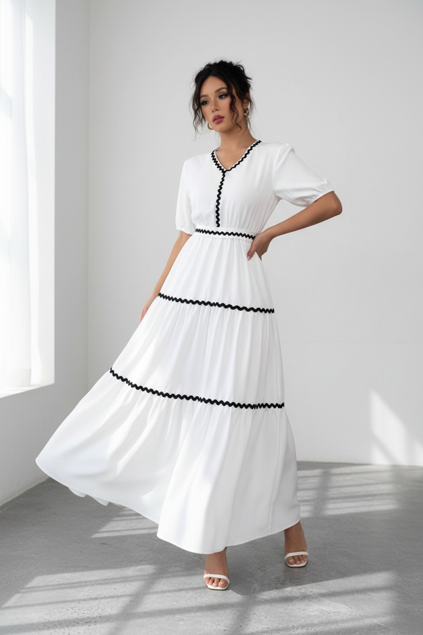 White Ric Rac Trim Tiered Maxi Dress
