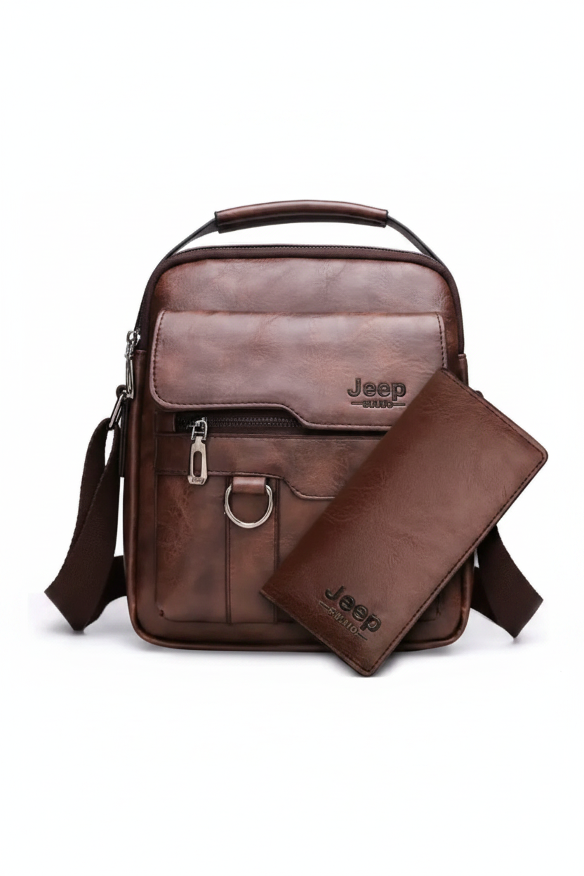 Men's Vintage Leather Crossbody Bag & Wallet Set - AI Generated