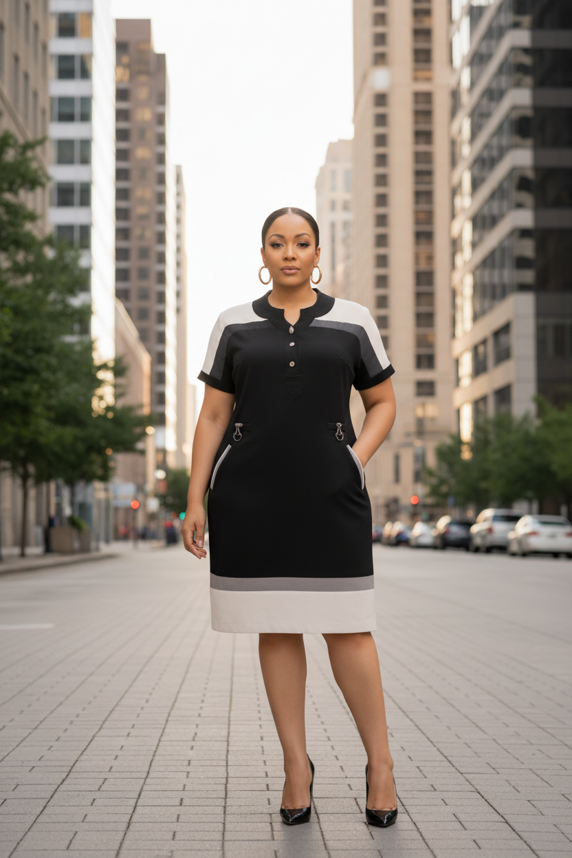 Black and white color block shift dress styled with stiletto heels in upscale setting