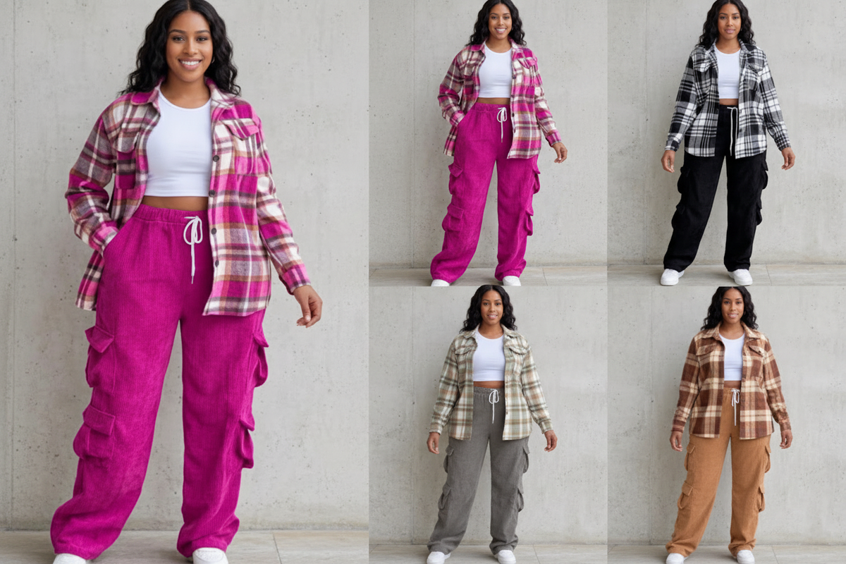 Plaid Flannel Shacket & Cargo Pants Set - All Colorways