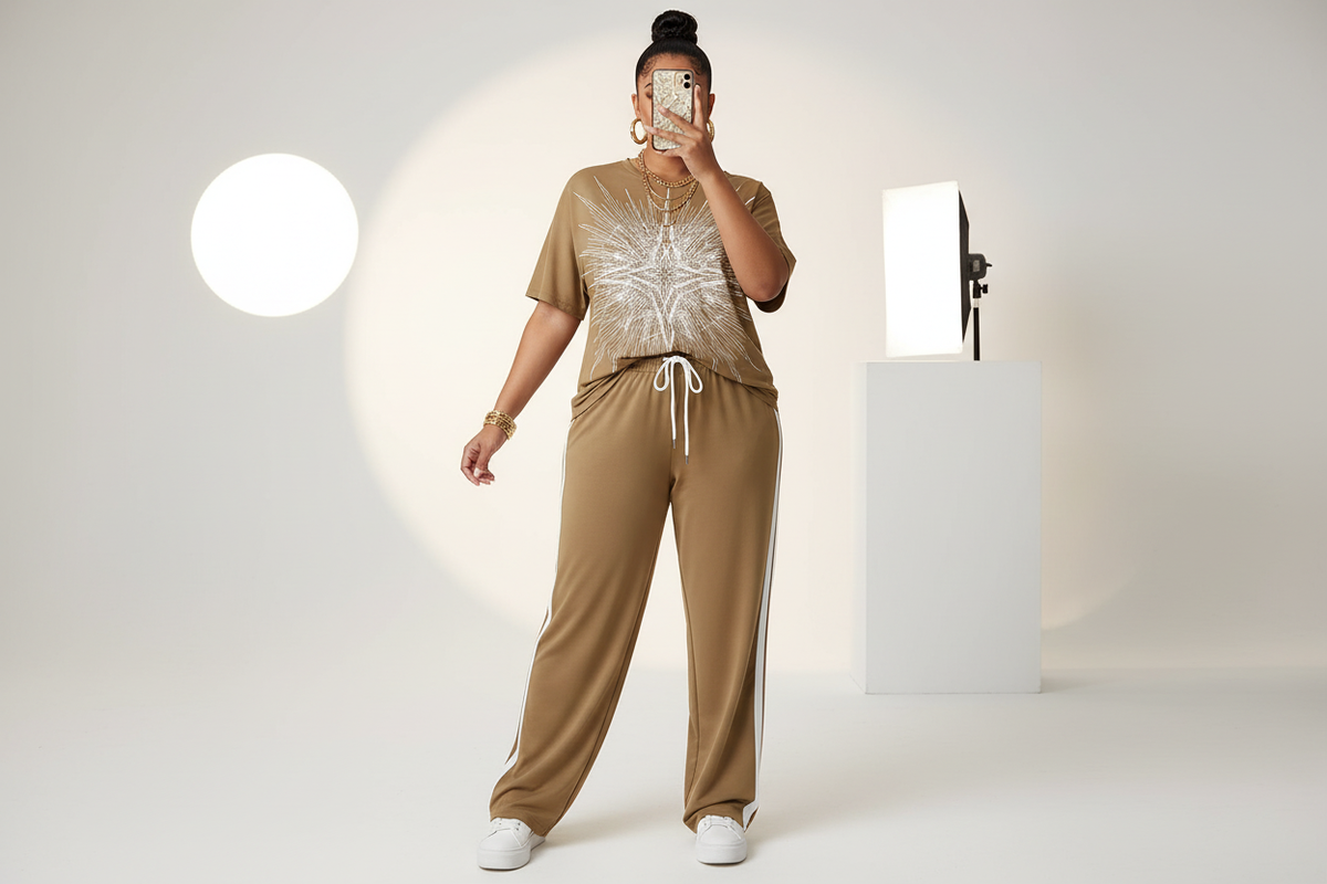 Plus Size Feather Star Two-Piece Tracksuit Set - AI Generated