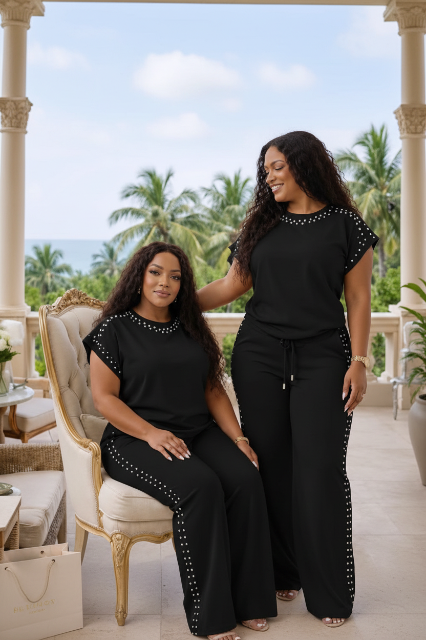 Pearl Stud Two-Piece Lounge Set - Black editorial