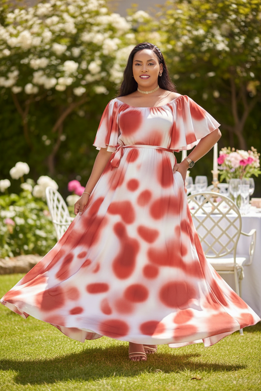 Red tie-dye spot print off-shoulder maxi dress styled with gold sandals in garden setting
