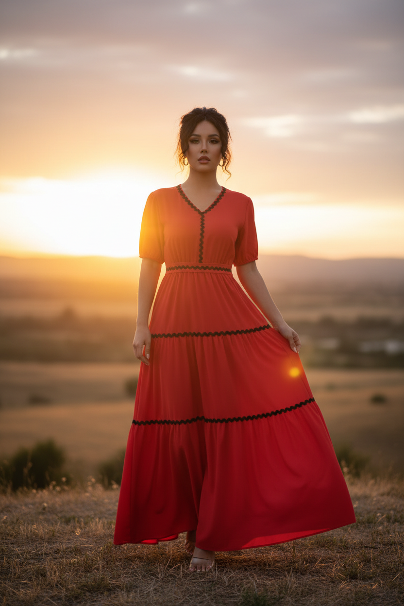 Red Ric Rac Trim Tiered Maxi Dress