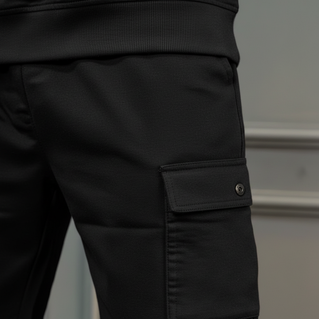 Close-up of cargo shorts pocket and tee fabric texture