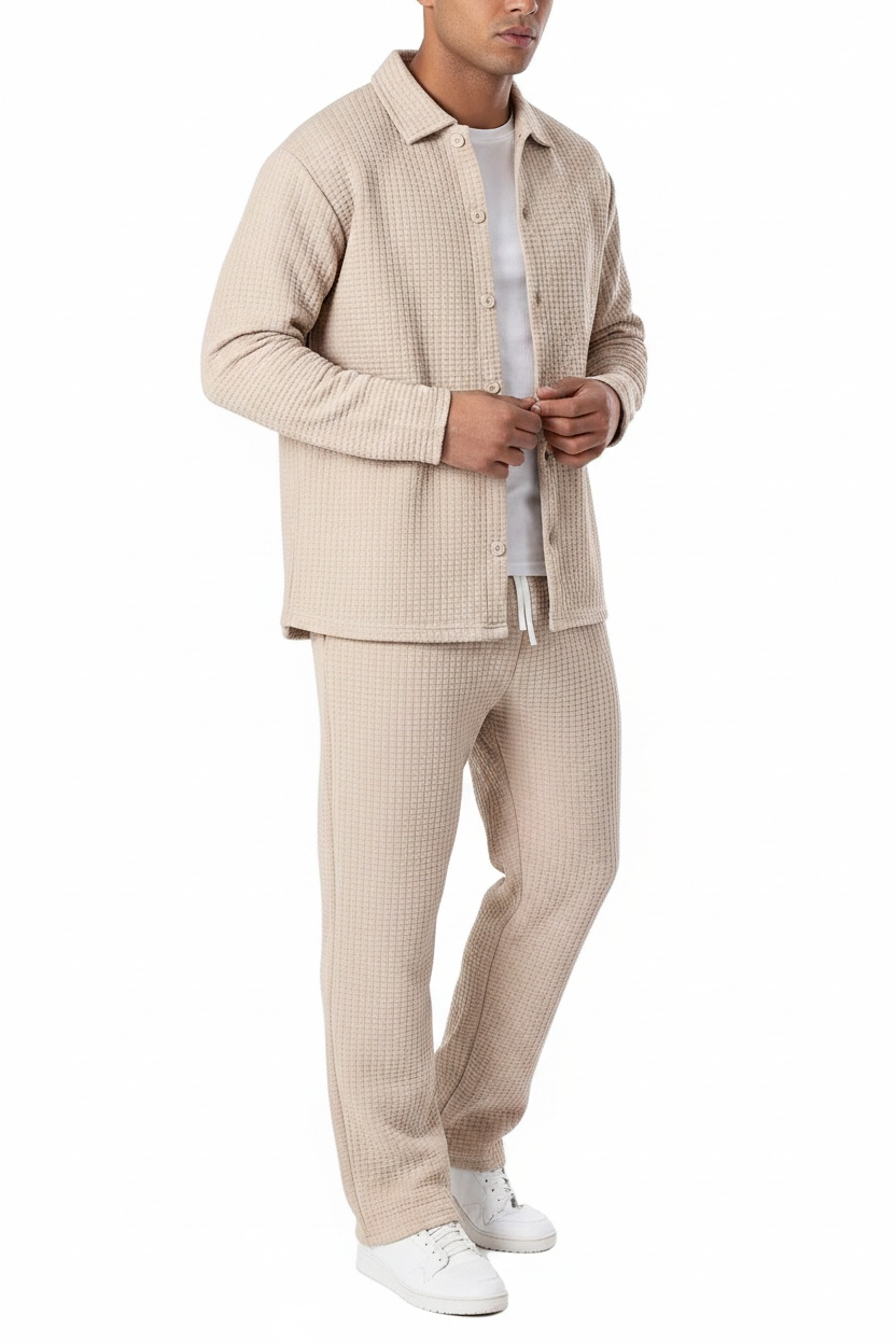Men's beige waffle knit two-piece set studio shot