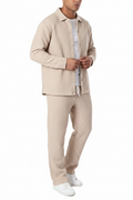 Men's beige waffle knit two-piece set studio shot