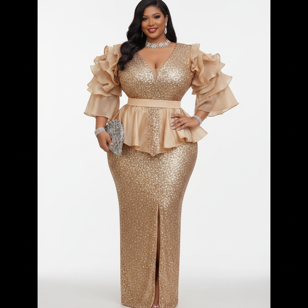 Women's Plus Size Sequin Evening Gown - Champagne Gold