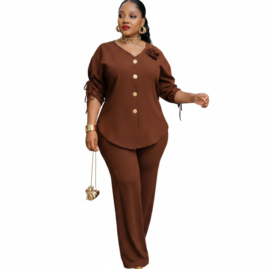 Women's Plus Size 2-Piece Tunic & Pants Set - Brown