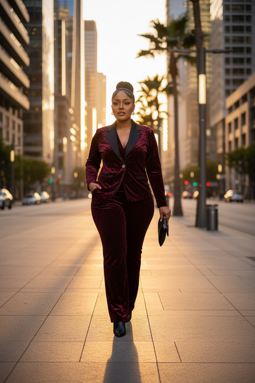 Burgundy Velvet Two-Piece Suit - City Street Golden Hour