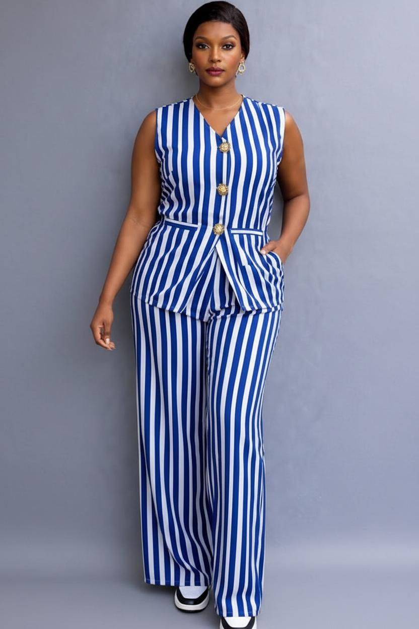 Striped Two-Piece Pant Set in Royal Blue and White
