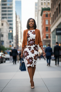 Floral blazer set in brown colorway styled with navy handbag on city street