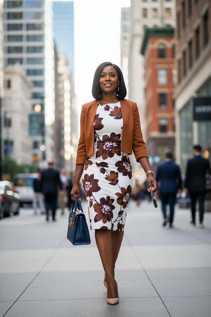 Floral blazer set in brown colorway styled with navy handbag on city street