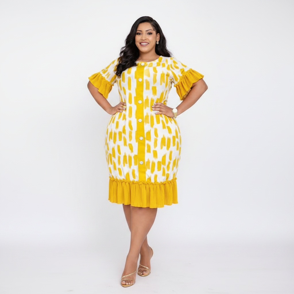 Women's Plus Size Abstract Print Ruffle Dress - Yellow