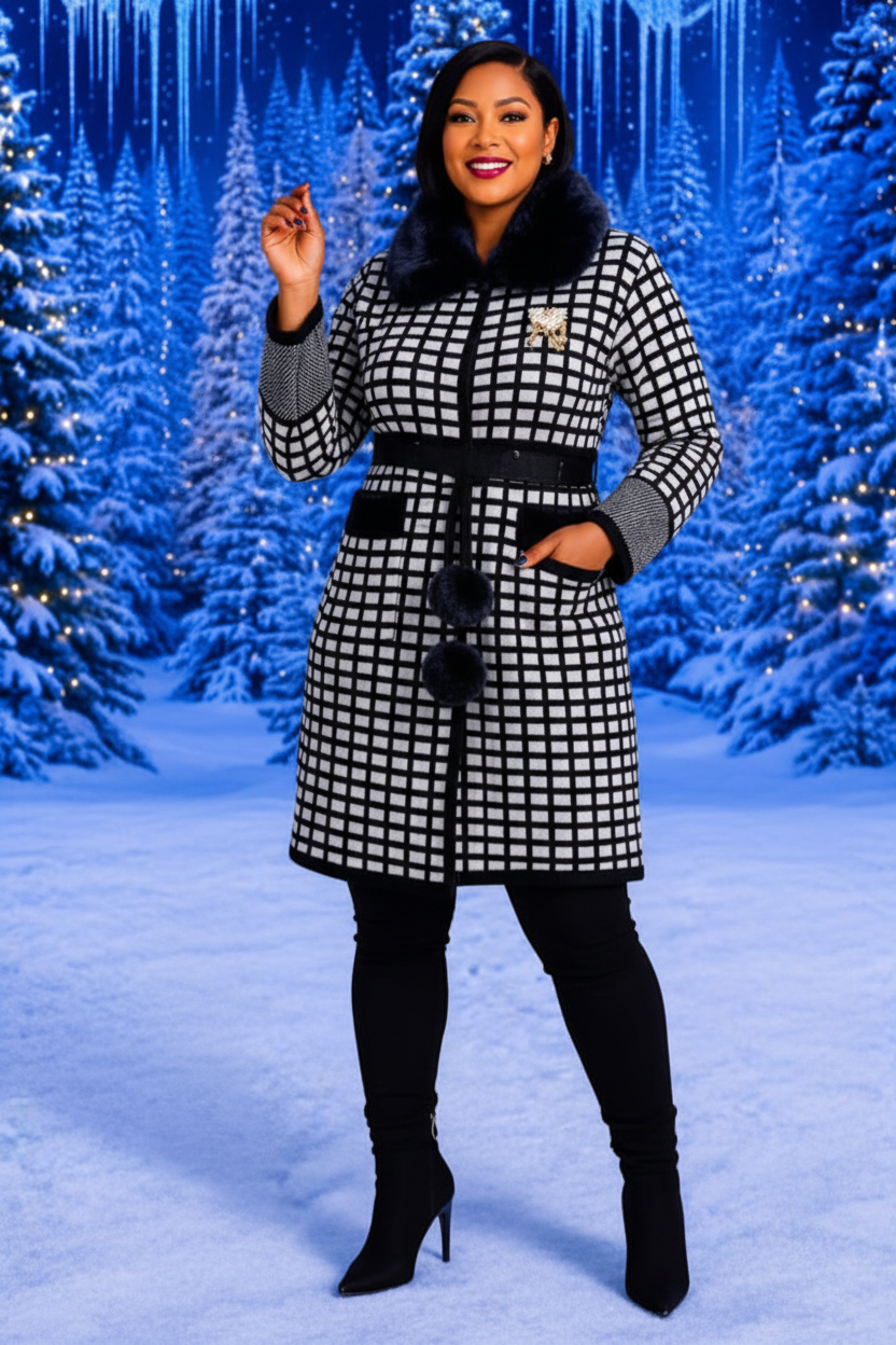 Plaid faux fur collar coat styled in snowy winter outdoor setting with thigh-high boots