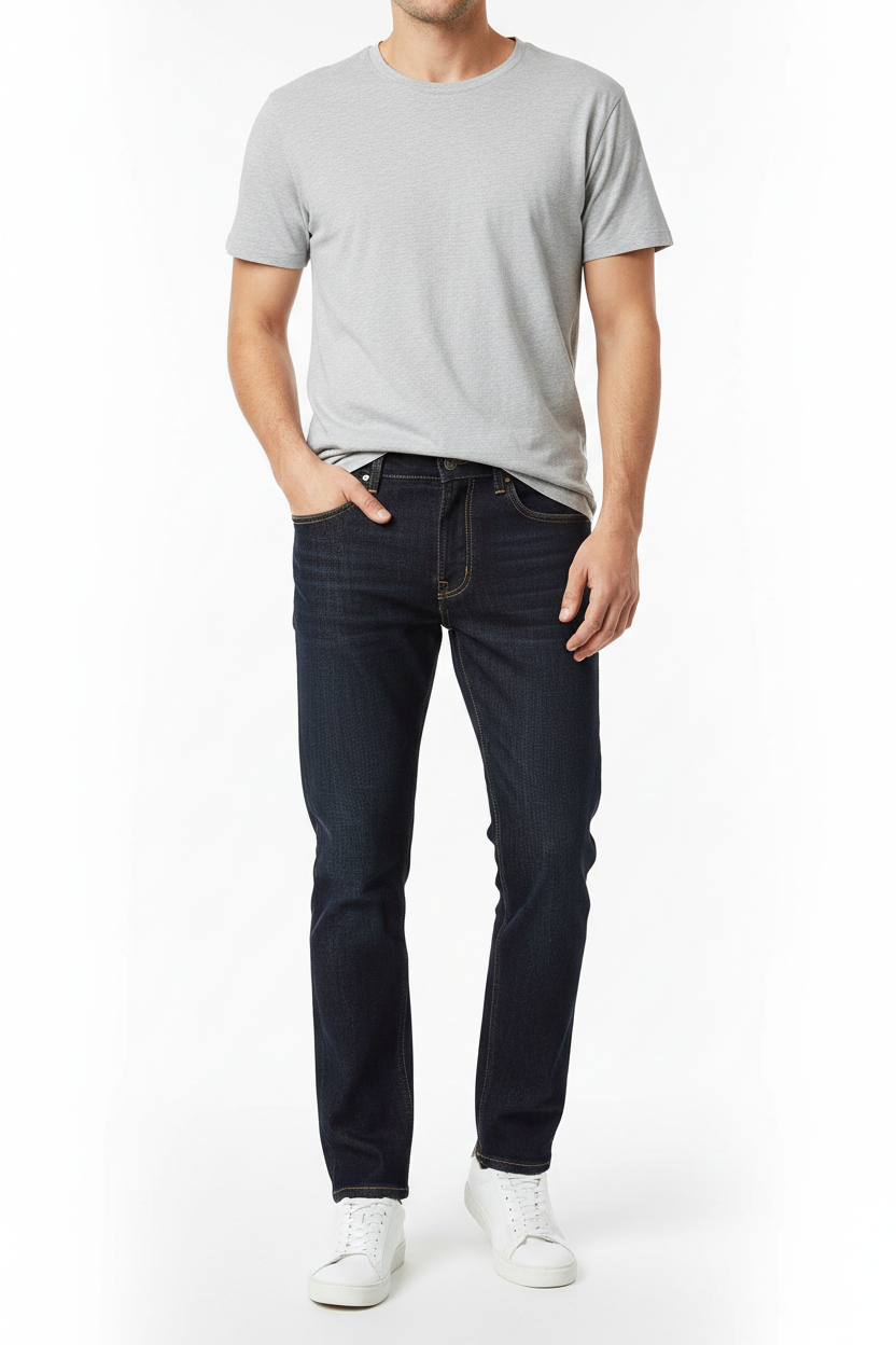Man wearing dark navy straight leg jeans with white sneakers