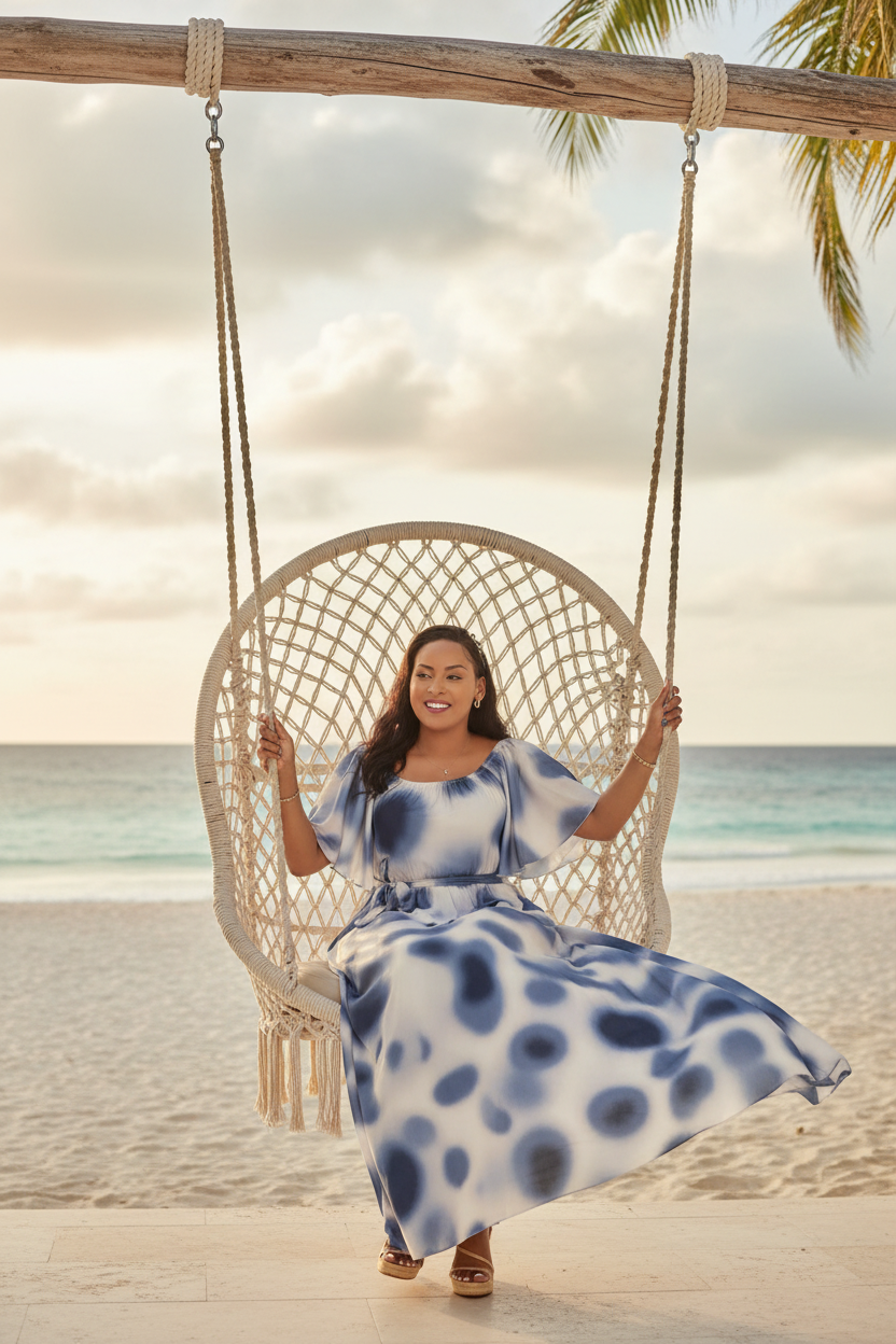 Blue tie-dye spot print off-shoulder maxi dress styled with nude wedges at beach resort