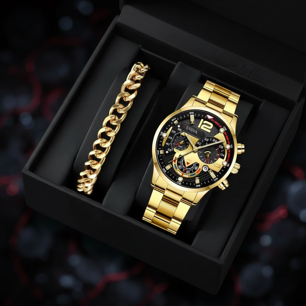 Gold watch and bracelet gift set in velvet box