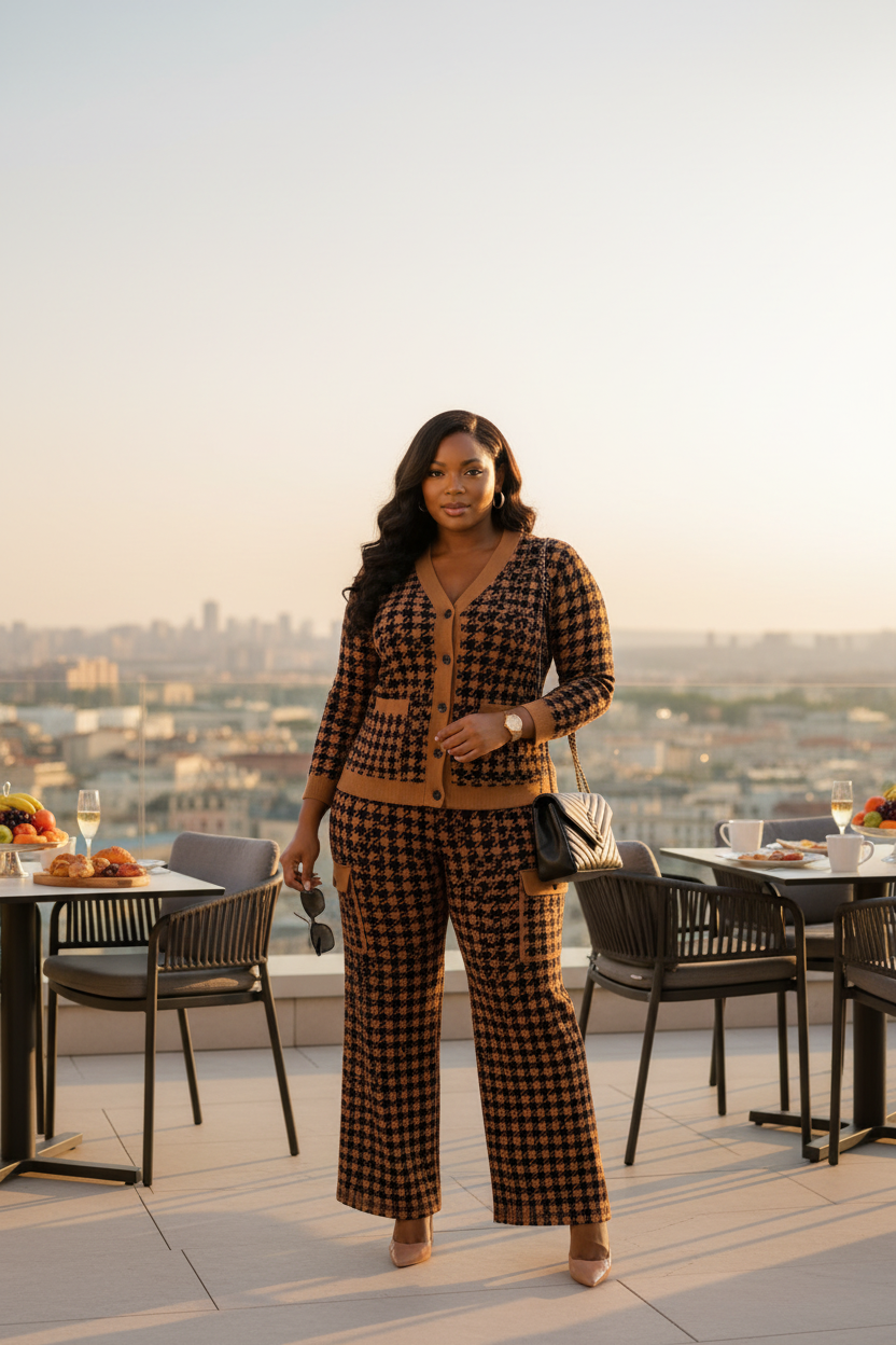 Houndstooth knit set styled with nude heels and gold chain bag at brunch setting