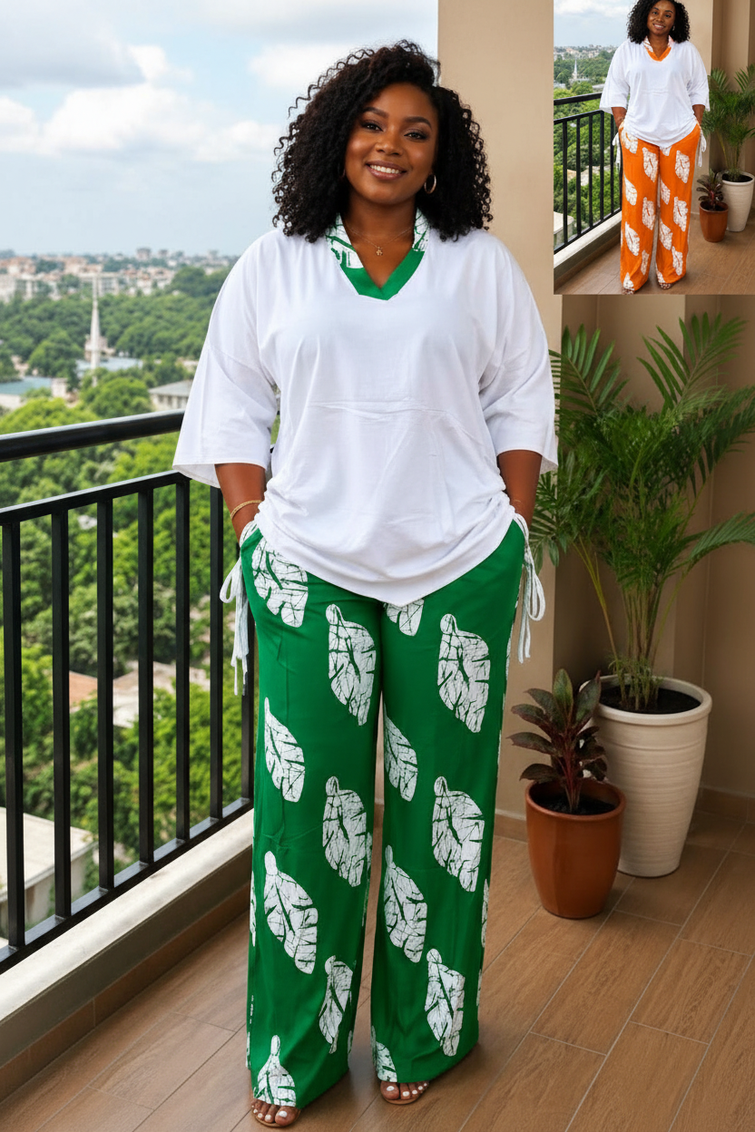 Leaf Print Wide-Leg Pants and Top Set in Orange