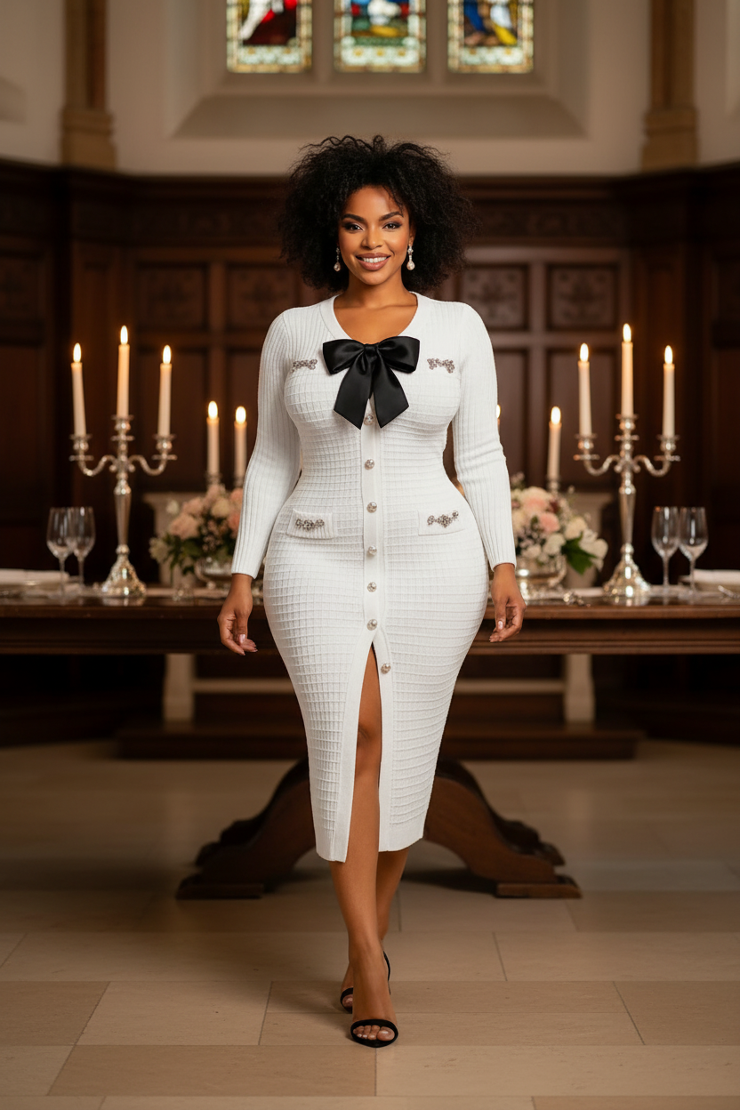 White ribbed knit bow midi dress styled with black heels and pearl earrings for church or holiday dinner