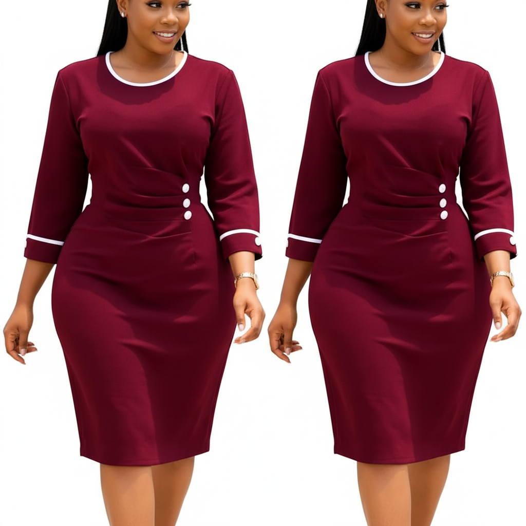 Women's Contrast Trim Bodycon Office Dress - Burgundy