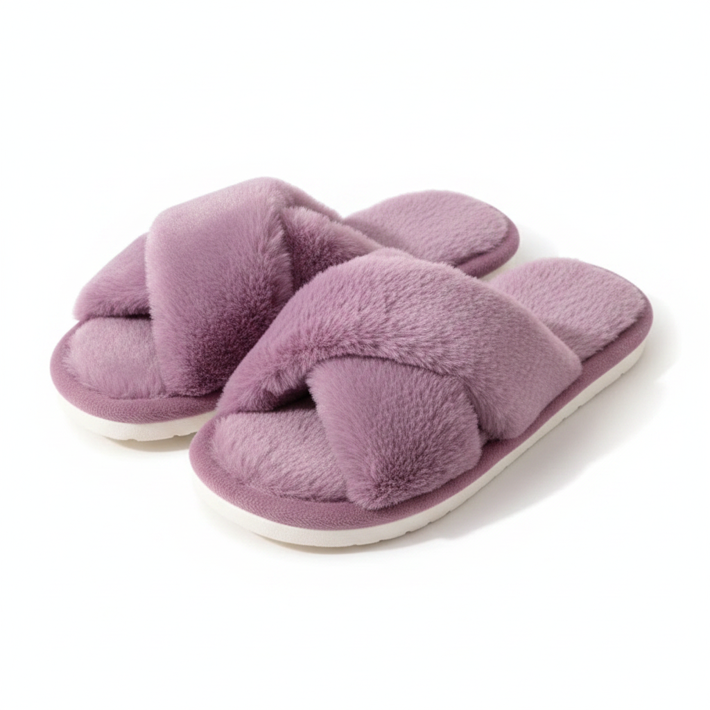 Lavender Purple Fluffy Cross-Band Slippers