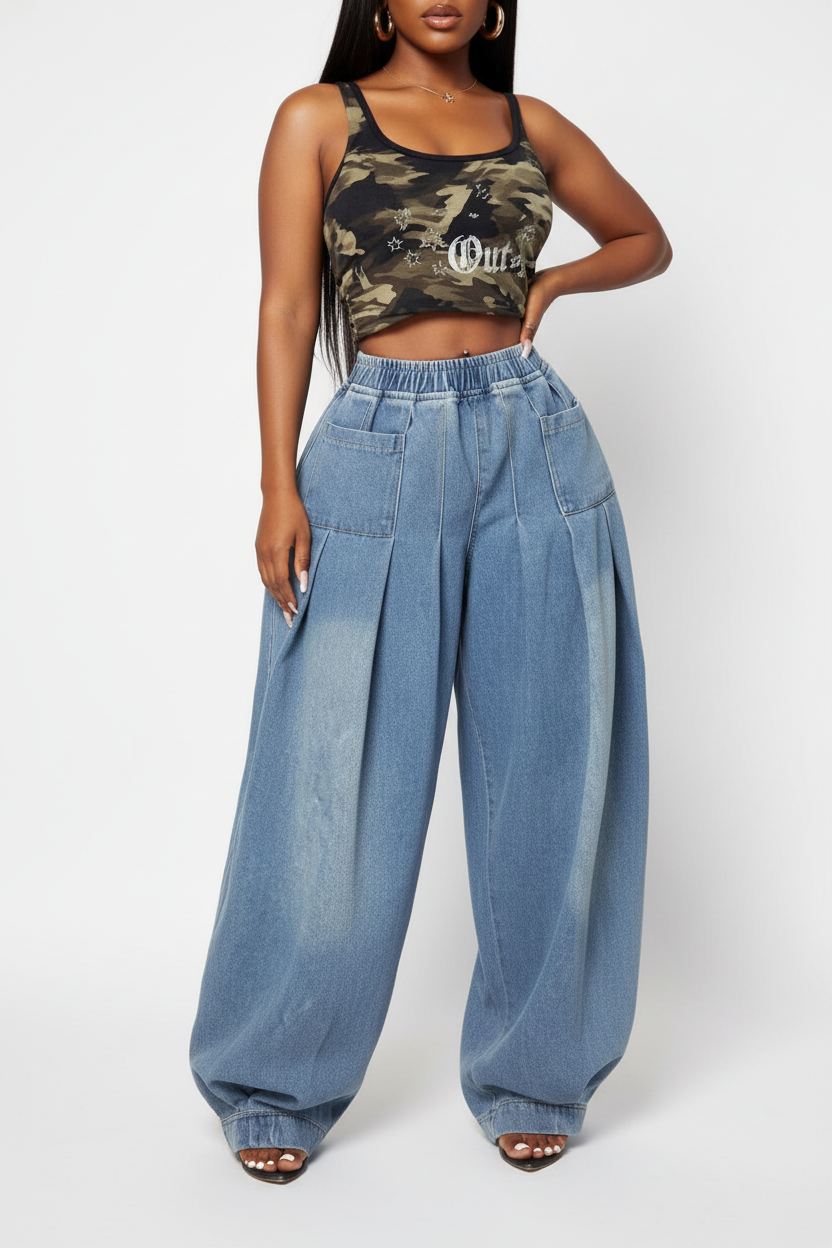 Light Blue Wide-Leg Pleated Jeans